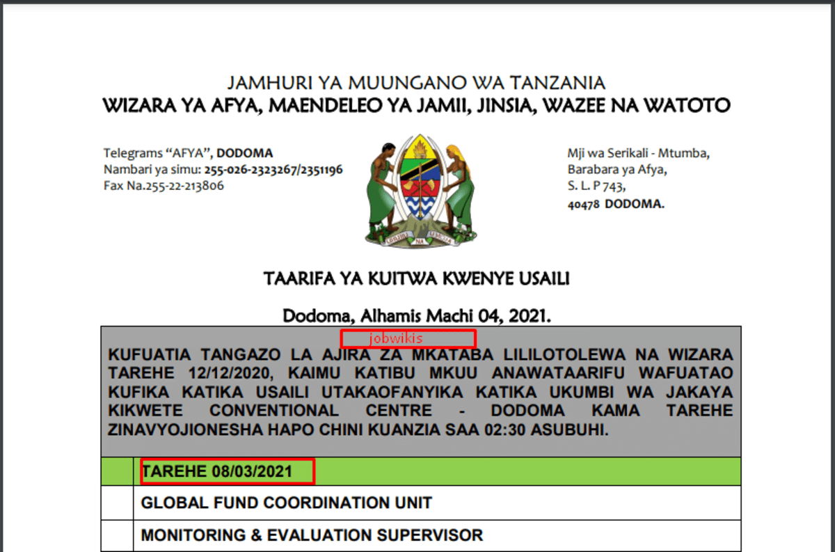 Call For Interview at Wizara ya Afya Ministry of Health,Community Development, Gender, Elderly and Children