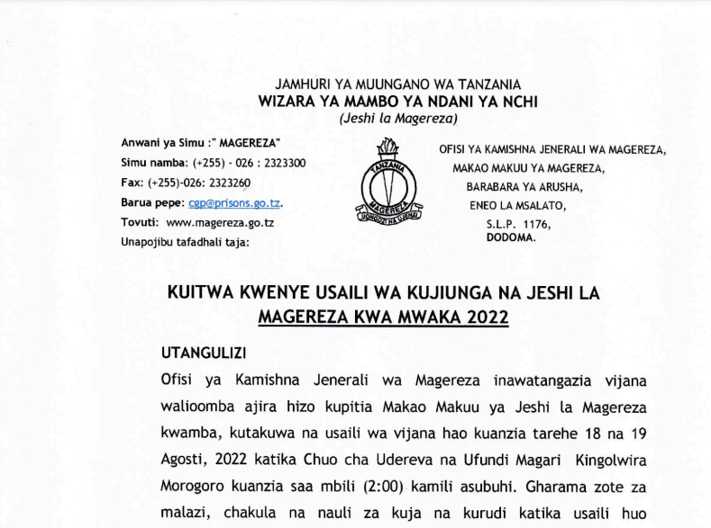 Majina Walioitwa kwenye Usaili Jeshi la Magereza 2022