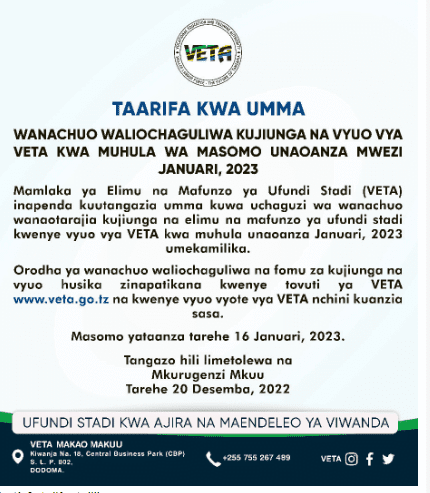 List Majina Waliochaguliwa kujiunga na VETA 20222023 Download